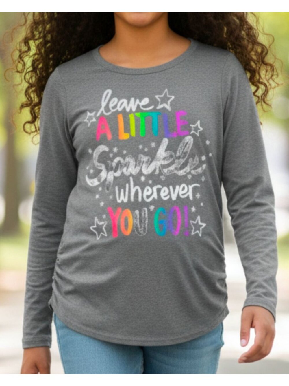 Girls Gray Long-Sleeve Tee With "Leave A Little Sparkle" Glitter Text & Stars De